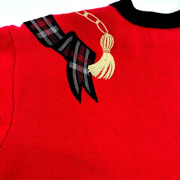 Doncaster Red Black & Gold Wool Blend Cardigan Small Plaid Accents Gold Buttons - Picture 4 of 12